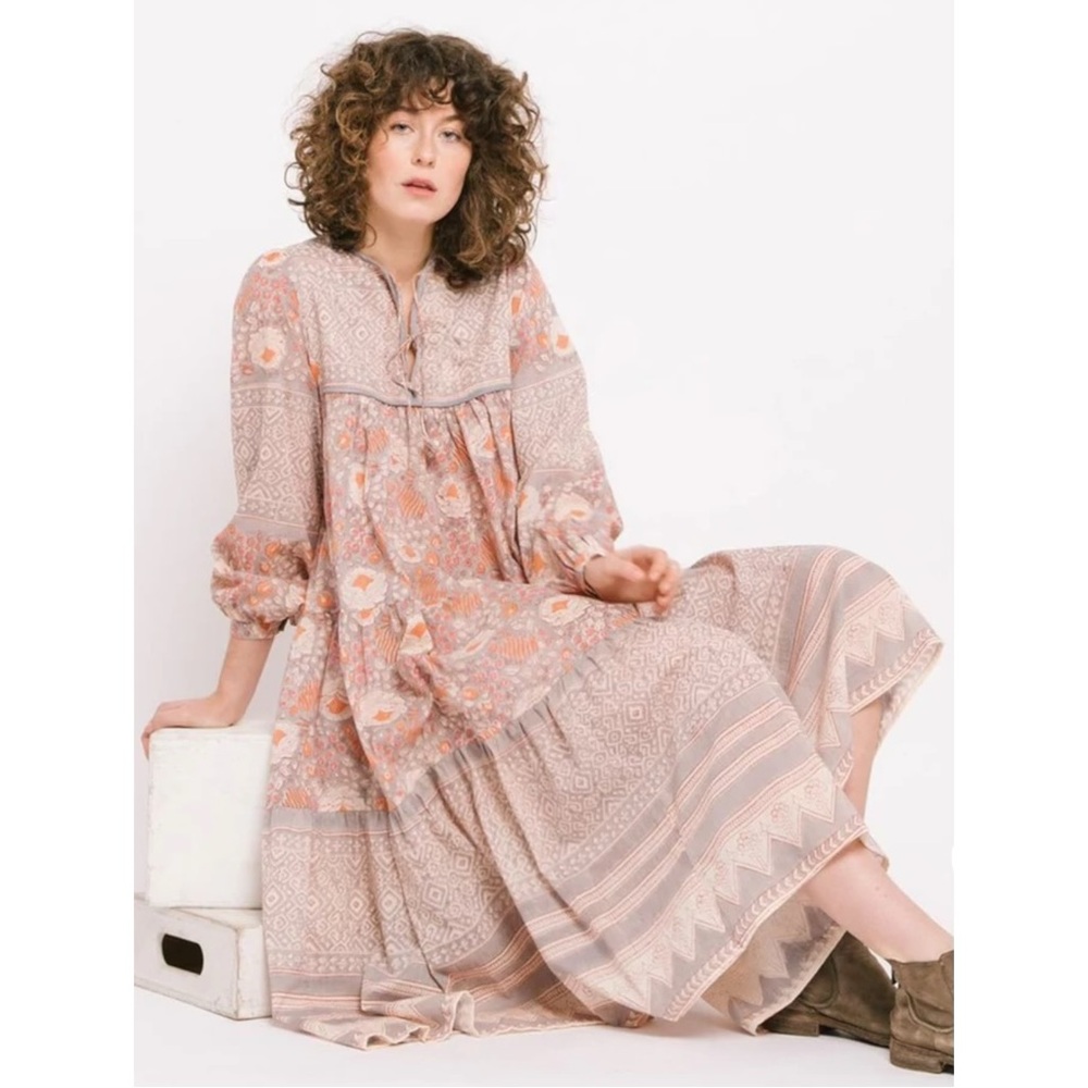 Matta Ash Yamini Booj Gray Pink Floral Long Sleeve Cotton Voile Midi Maxi Dress